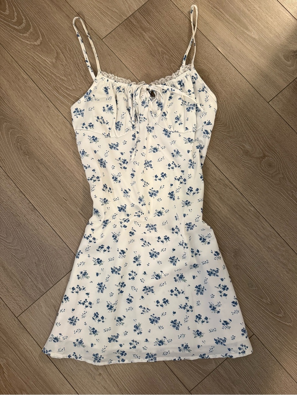 Women's White Floral Slip Dress with Blue Print